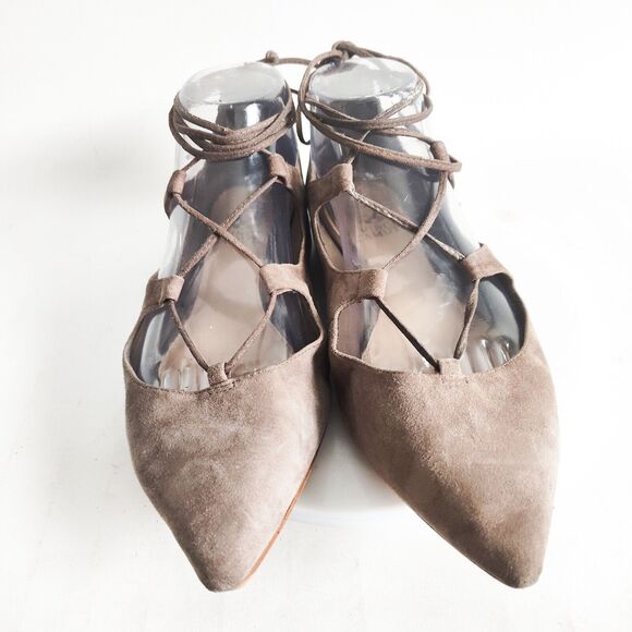 Vince Camuto Pointy Toe Tie Up Ankle Wrap Flats 7.5 Nuetral Suede Ballet Flats - Picture 5 of 10